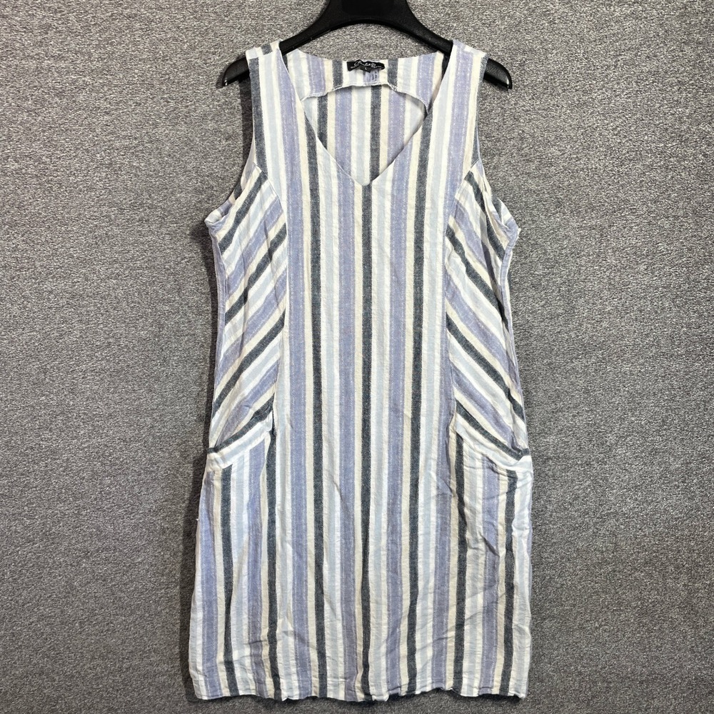 Charlie‎ B Blue Striped Linen Blend V-Neck Shift Dress with Pockets C3115-571B L